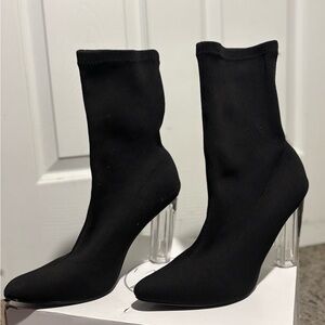 Stretchy Black Heeled Booties with Clear Heel